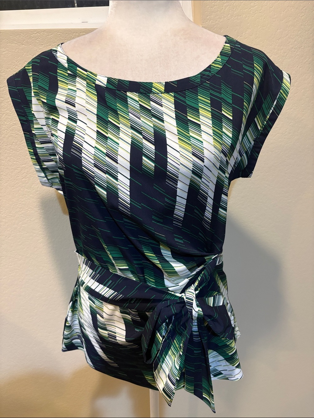 New York & Company Navy, Green and White Tie-Waist Blouse-Size M